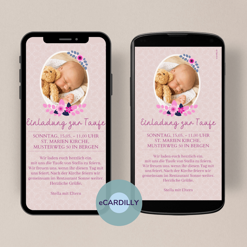 digitale Einladung zur Taufe einfach per WhatsApp verschicken - tolle Einladung in Rosatönen mit Foto - schöne Blumen umranden das Babyfoto