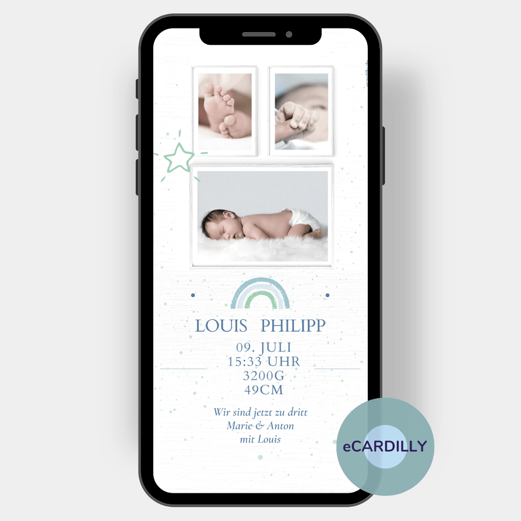 Wunderschöne digitale Babykarte mit ingesamt drei Fotos und den Daten des Babys. Ein kleiner Regenbogen ziert die digitale Babykarte.