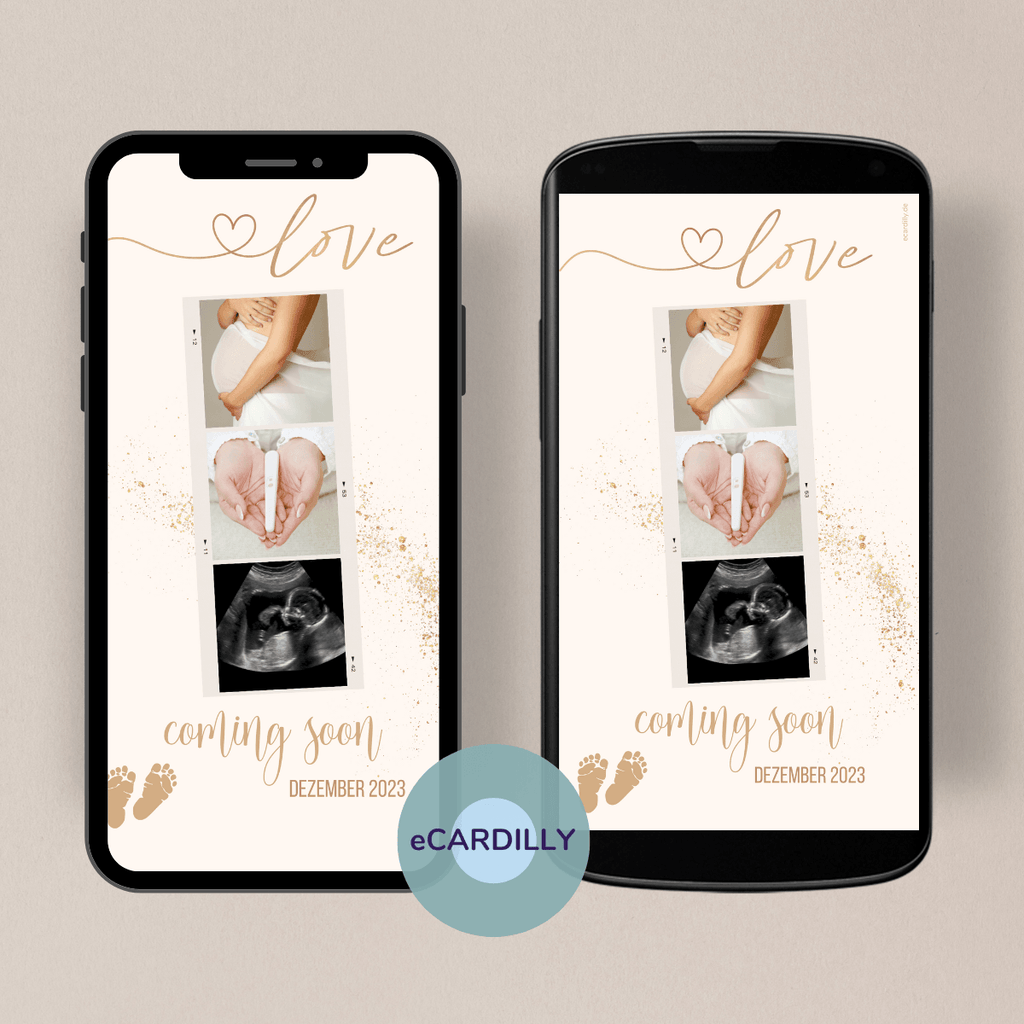 papierlose Schwangerschaftsverkündung mit eigenen Fotos - Coming soon - Baby - Schwanger - Babyfüße - gold - digital 