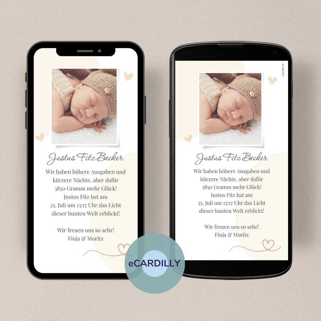 papierlose Babykarte verschicken - Babykarte mit Foto - Beige - Weiß - Geburt - Grußkarte - paperless - eCard