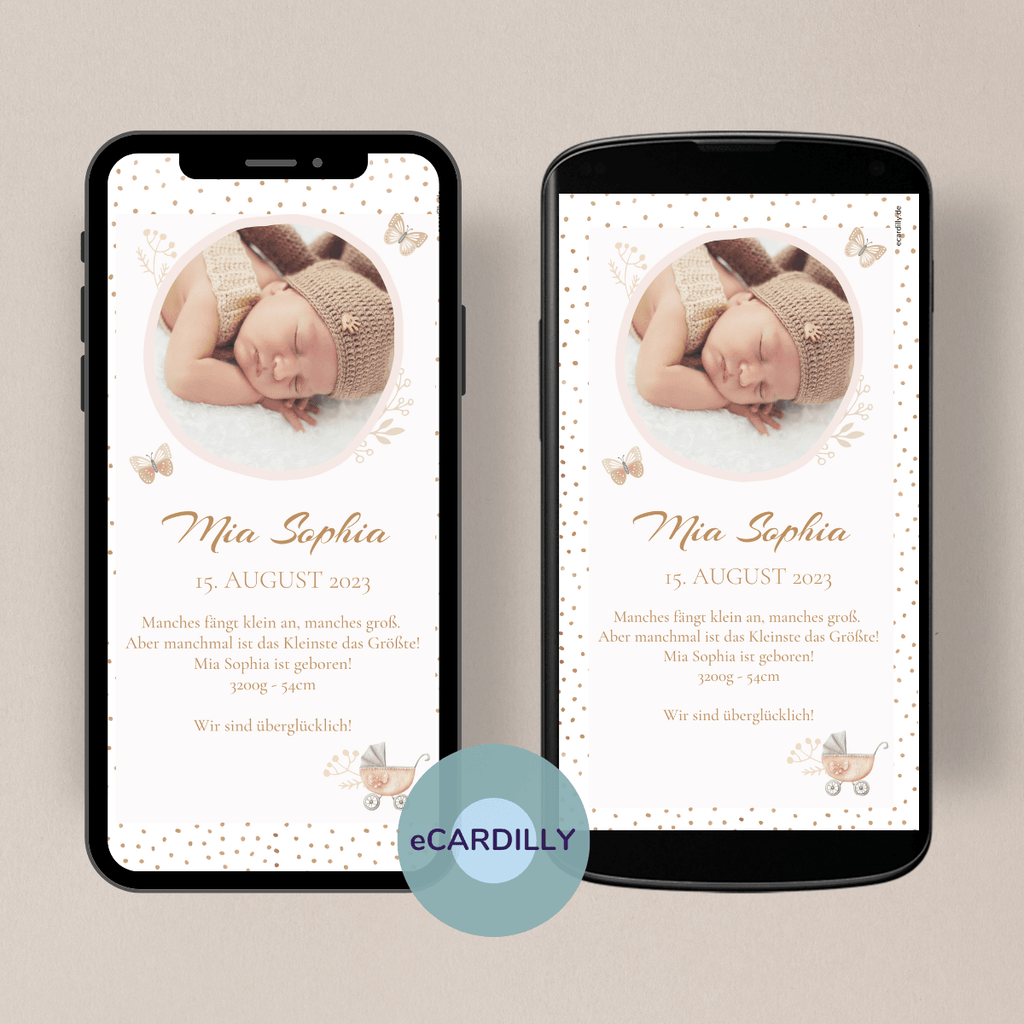papierlose Babykarte mit eigenem Foto - Rosa - Gold - Dons - Baby - Ankunft - WhatsApp