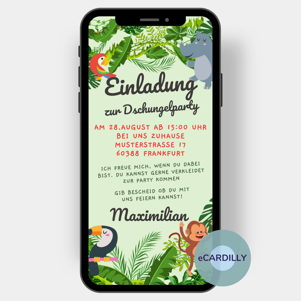 eCard - Kindergeburtstag - Einladungskarte - Dschungel - Grün - Tiere - Mottoparty - Kinder 