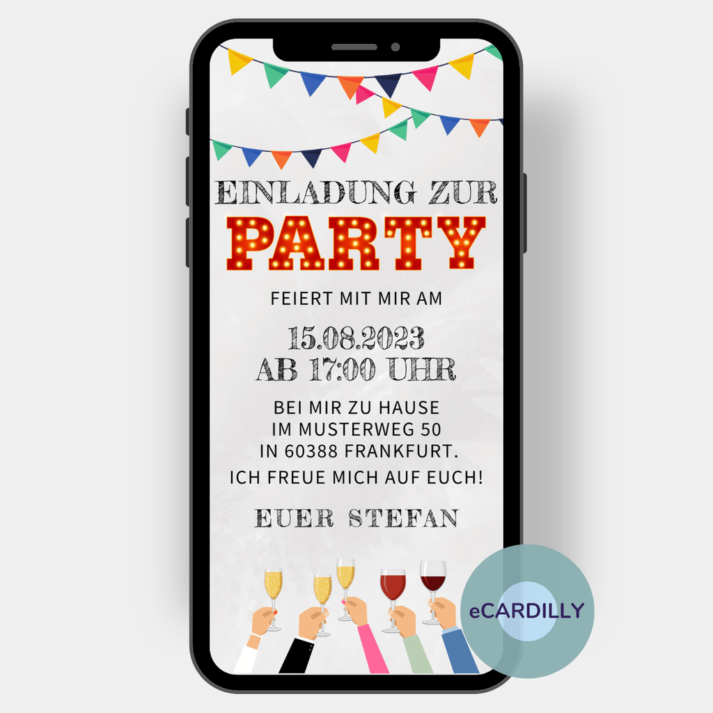 eCard zur Party - Einladungskarte zum Geburtstag - Einladung - Partylight - Wimpelkette - Weingläser - Partyeinladung 