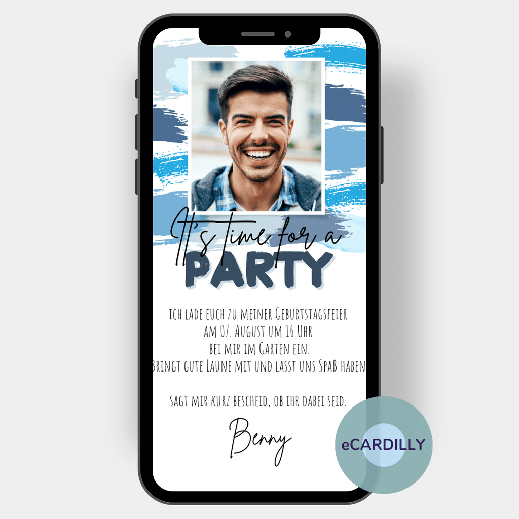 eCard - Einladung zur Party - Blautöne - mit Foto - Geburtstagseinladung - Blautöne Birthday - 