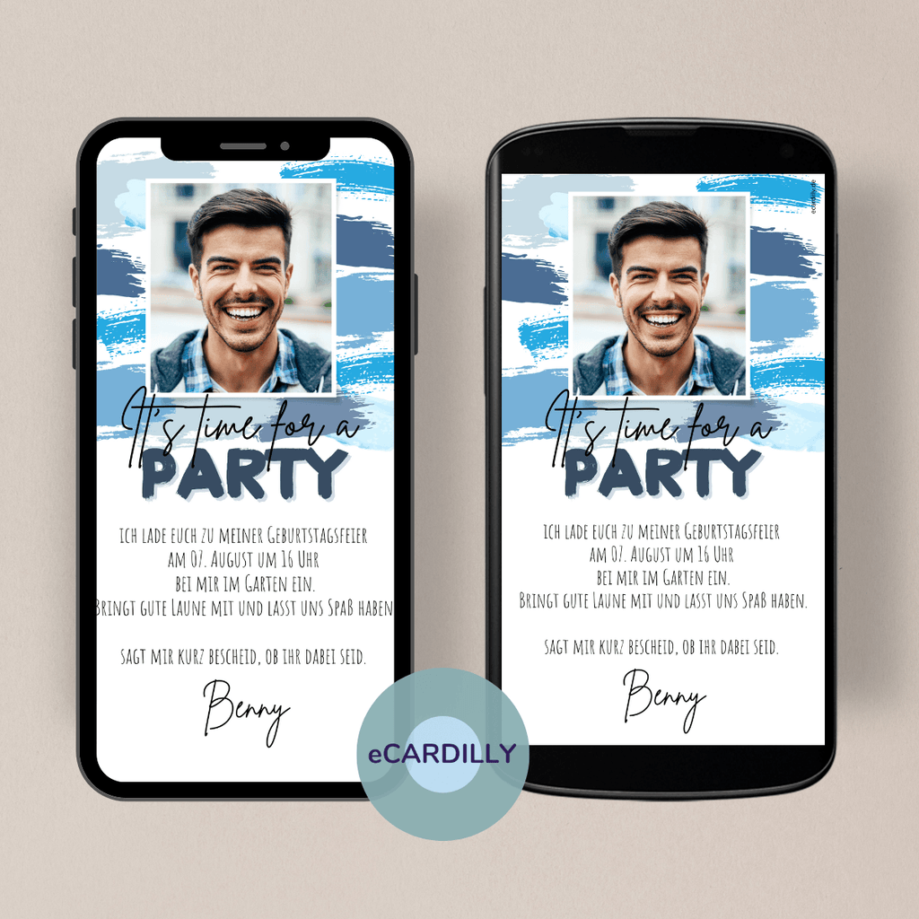 papierlose Einladungskarte zu deiner Party - Einladungskarte - eCard - paperless- mit eigenem Foto - Blau - Weiß - digital 