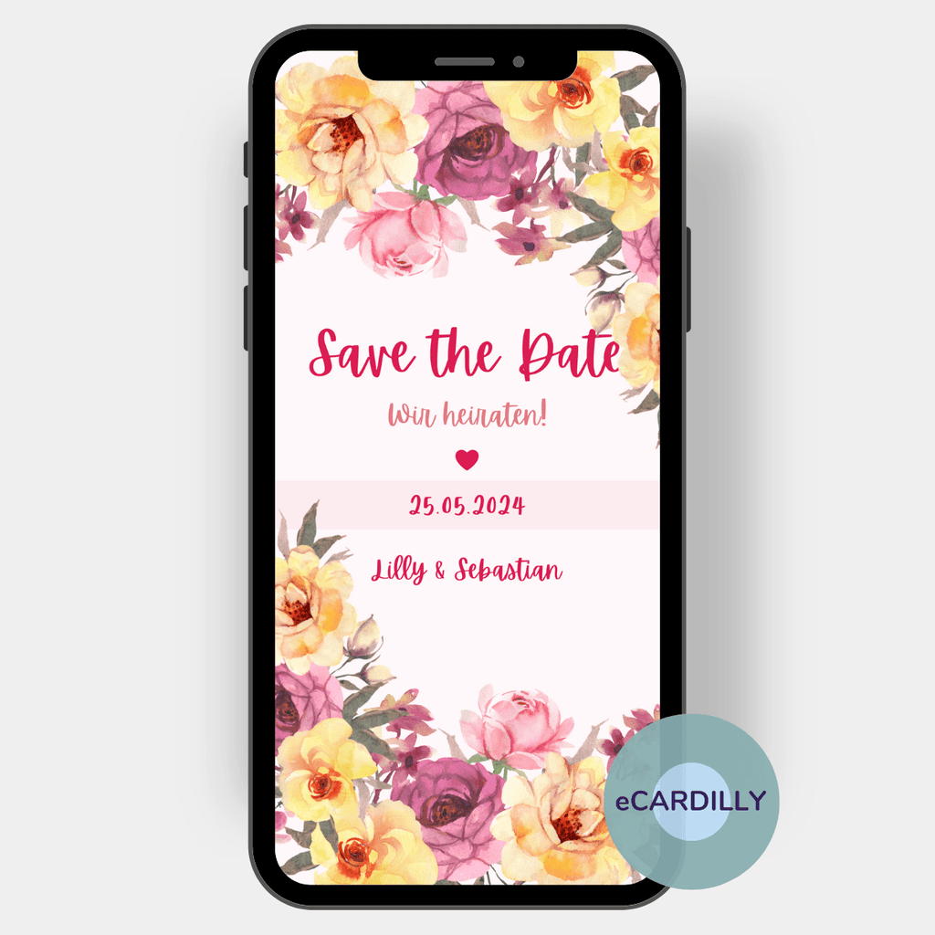 Rosenblüten in zarte, lila, rosa und apricot umranden die wichtige Info auf dieser eCard: Save the date - wir heiraten. Hochzeitstermin einfach digital ankündigen.