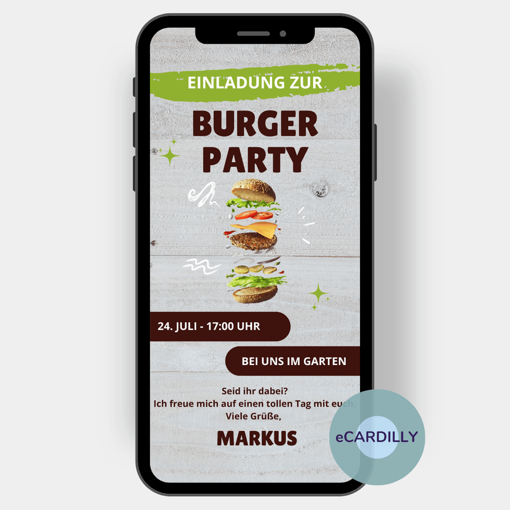 Tolle Einladungskarte zur Grillparty die man online mit whatsapp versenden kann. Ein leckerer Burger lädt zur Grillparty ein.