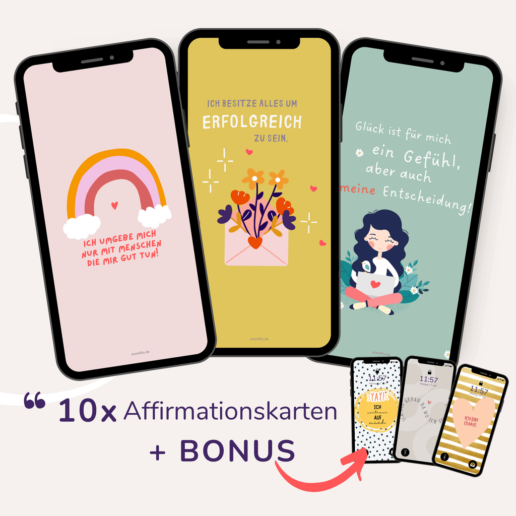 Affimationskarten mit verschiedenen Motiven in Pastellfarben und mit Regenbogen, Blumen, herzlichen Grafiken und liebevoll erstellt für die tägliche Affirmation und für ein postives Mindset. Digitale Affirmationskarten als eCard.