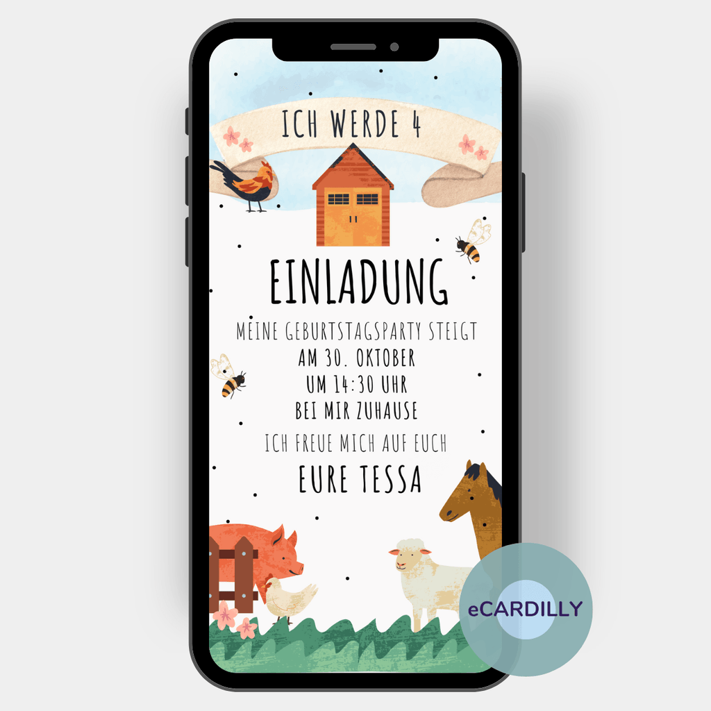 Digitale Einladungskarte zum Kindergeburtstag zum Thema Bauernhof mit Pferd, Schwein, Schaf, Henn und Hahn, Bienchen und Bauernhof.