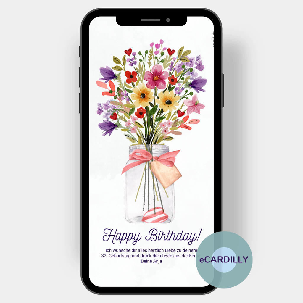 Bunten Blumenstrauß als eCard versenden - eCard zum Geburtstag - Geburtstagsgrüße per WhatsApp - bunt - Blumen - Text - Grußkarte