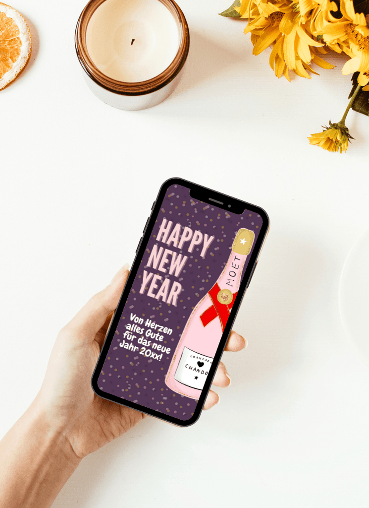 Die schönsten Neujahr Wünsche mit WhatsApp senden geht mit dieser tollen digitalen Karte in lila, rosa und einer tollen Moet Flasche Champagner mit herzlichen Grüßen für das neue Jahr de