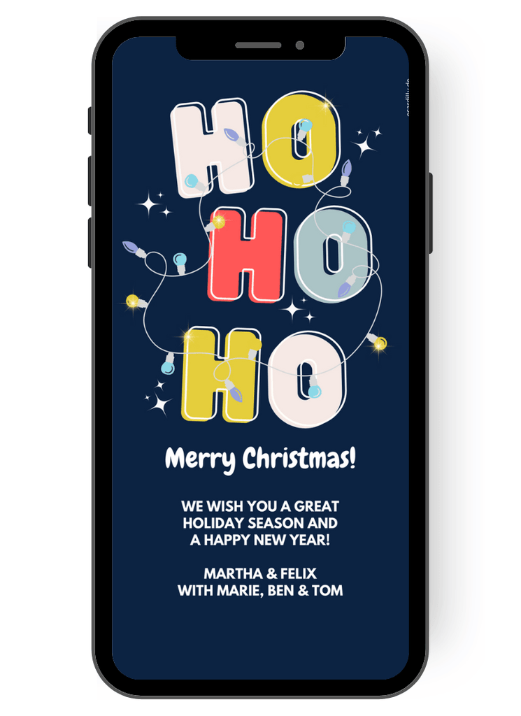 Great colorful Christmas card with colorful letters in yellow, red, turquoise, pink with dark blue background and a string of lights above the letters en