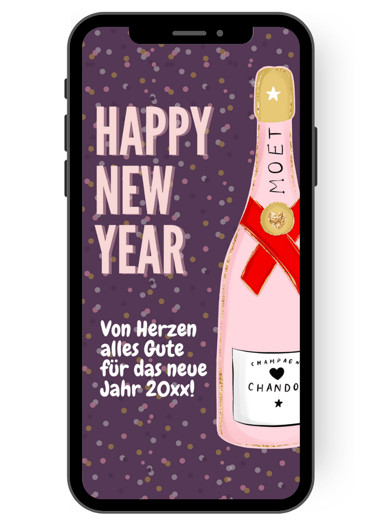 Die schönsten Neujahr Wünsche mit WhatsApp senden geht mit dieser tollen digitalen Karte in lila, rosa und einer tollen Moet Flasche Champagner mit herzlichen Grüßen für das neue Jahr de