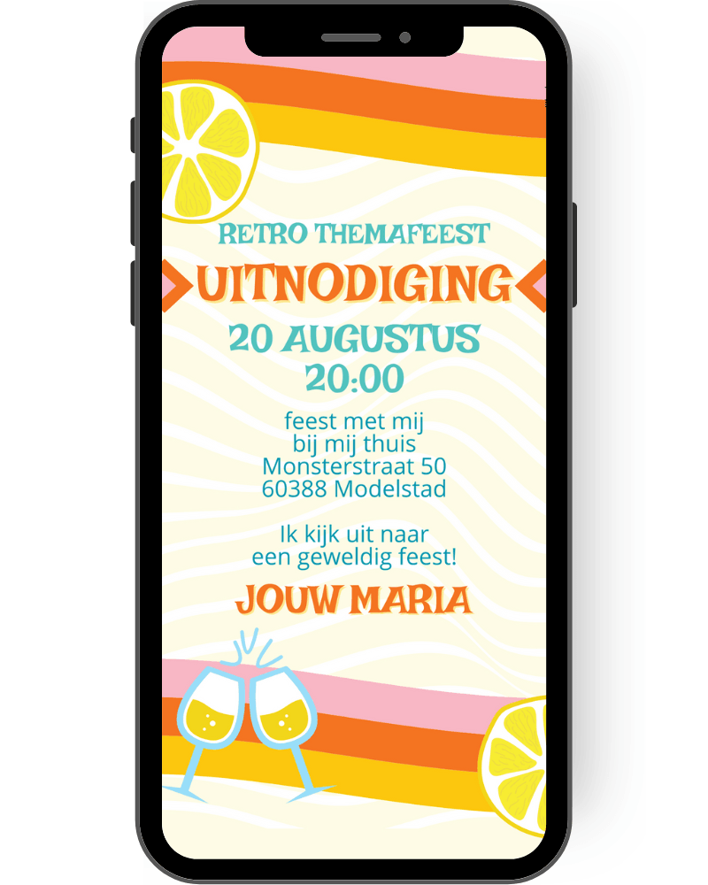 Oranje, geel, citroen: uitnodigingskaart met een fris en fruitig ontwerp voor een verjaardag of feest nl