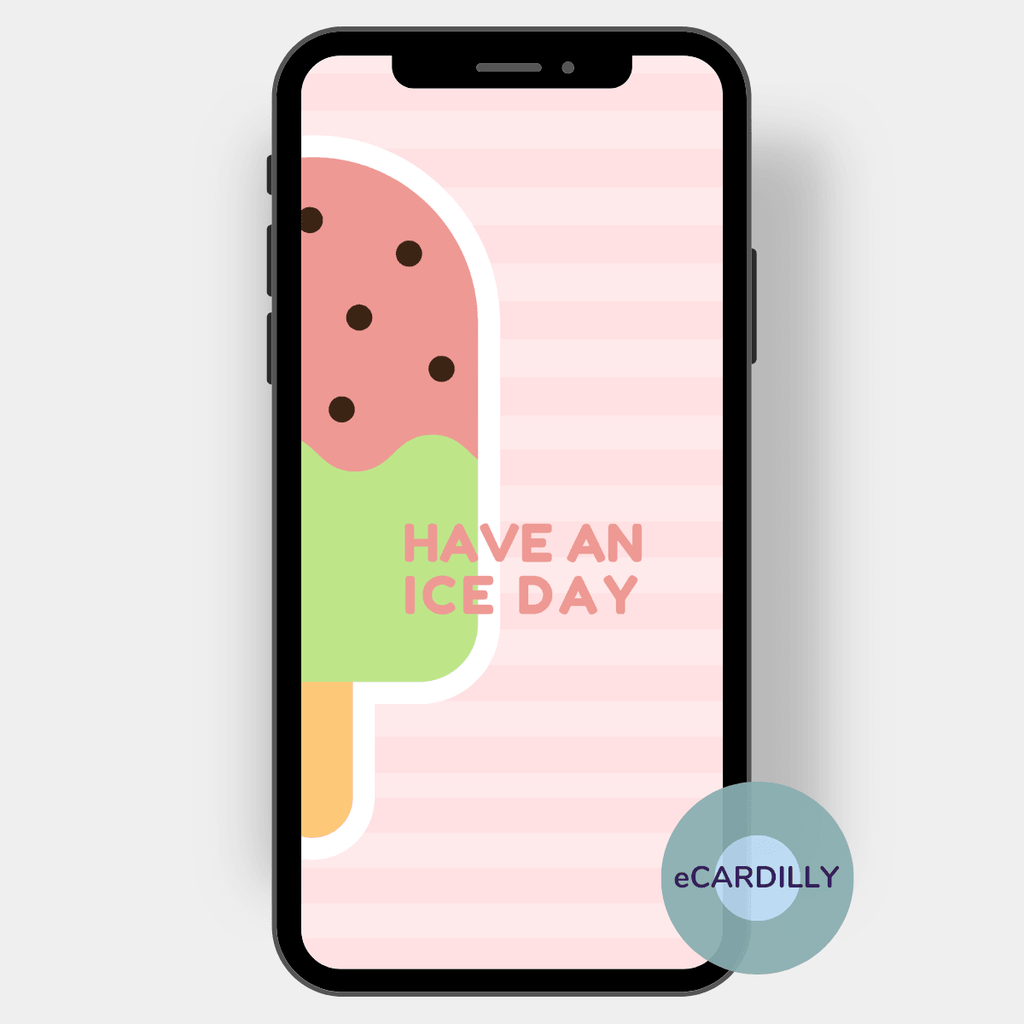 Have a(n) Ice Day steht auf dieser eCard neben einem Eis am Stil, das einer Wassermelone ähnelt. Die eCard ist vornehmlich in den Pastellfarben rosé und pistazie gestaltet.