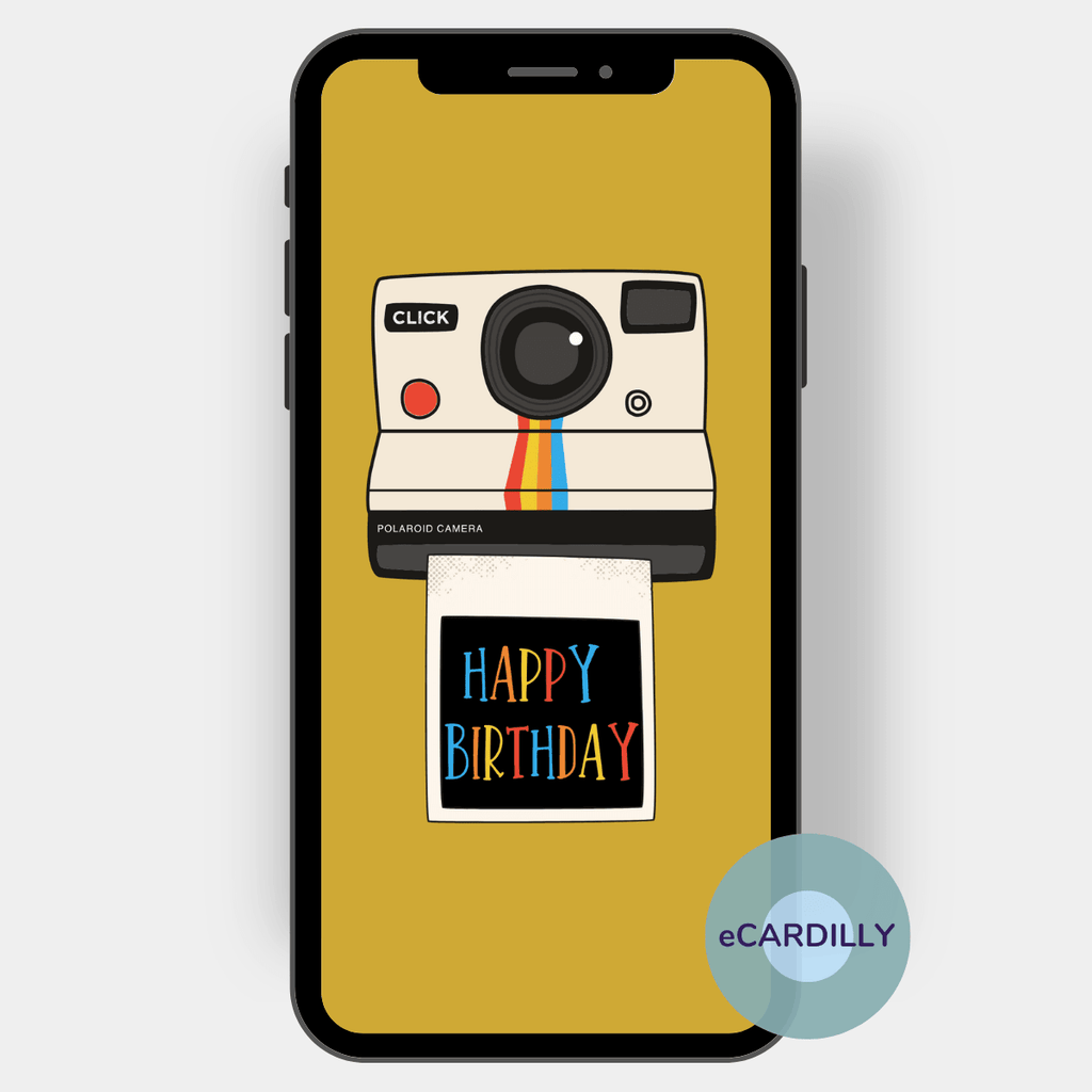 eCard mit einer hippen Polaroid-Kamera, aus der ein Foto mit dem Geburtstagsgrupß "Happy Birthday" kommt