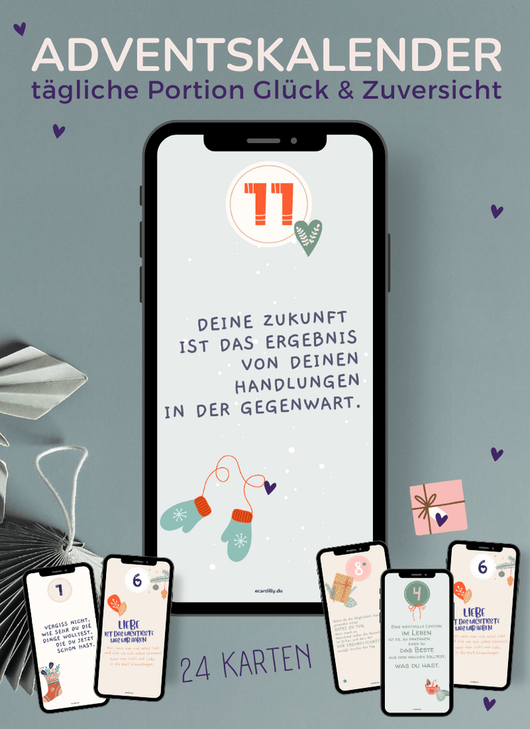 Digitaler Adventskalender: Kleine tägliche Glücksmomente auf 24 digitalen Grußkarten zur Motivation, sich freuen, zum Verschenken. Verschiedene Layouts mit Sprüchen und zarten Farben in rose, flieder, gelb, grau. de