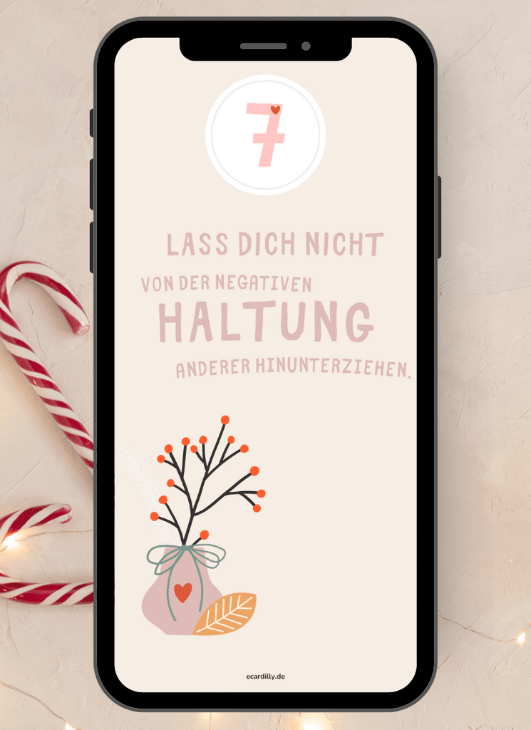 Digitaler Adventskalender: Kleine tägliche Glücksmomente auf 24 digitalen Grußkarten zur Motivation, sich freuen, zum Verschenken. Verschiedene Layouts mit Sprüchen und zarten Farben in rose, flieder, gelb, grau. de