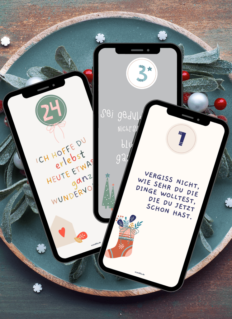Digitaler Adventskalender: Kleine tägliche Glücksmomente auf 24 digitalen Grußkarten zur Motivation, sich freuen, zum Verschenken. Verschiedene Layouts mit Sprüchen und zarten Farben in rose, flieder, gelb, grau. de