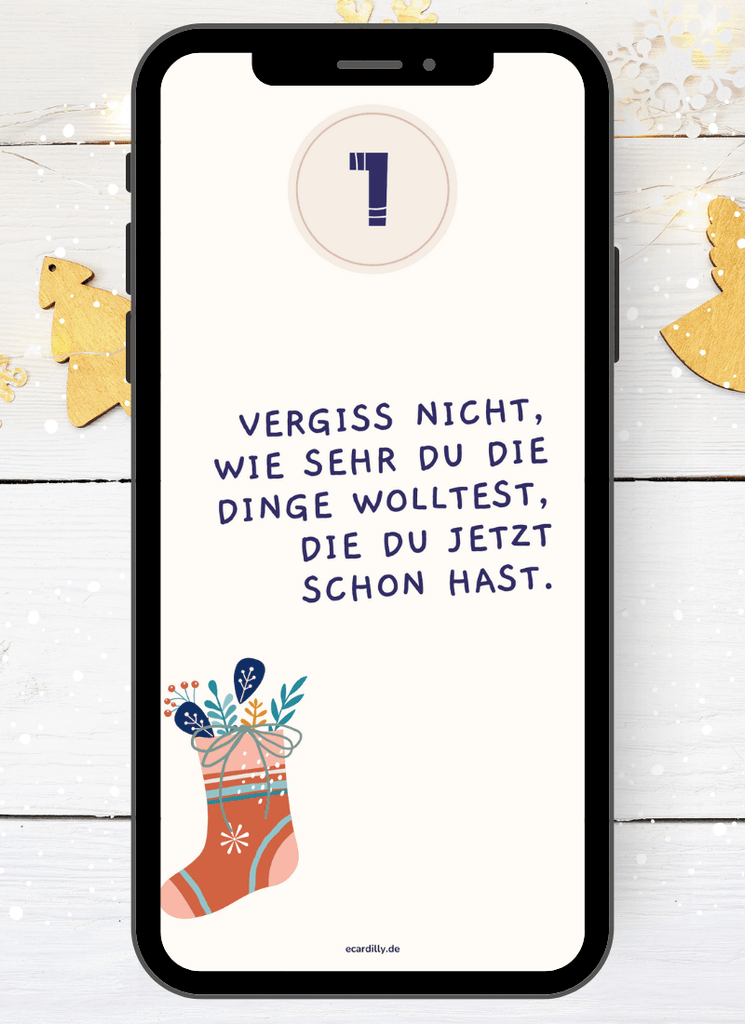 Digitaler Adventskalender: Kleine tägliche Glücksmomente auf 24 digitalen Grußkarten zur Motivation, sich freuen, zum Verschenken. Verschiedene Layouts mit Sprüchen und zarten Farben in rose, flieder, gelb, grau. de