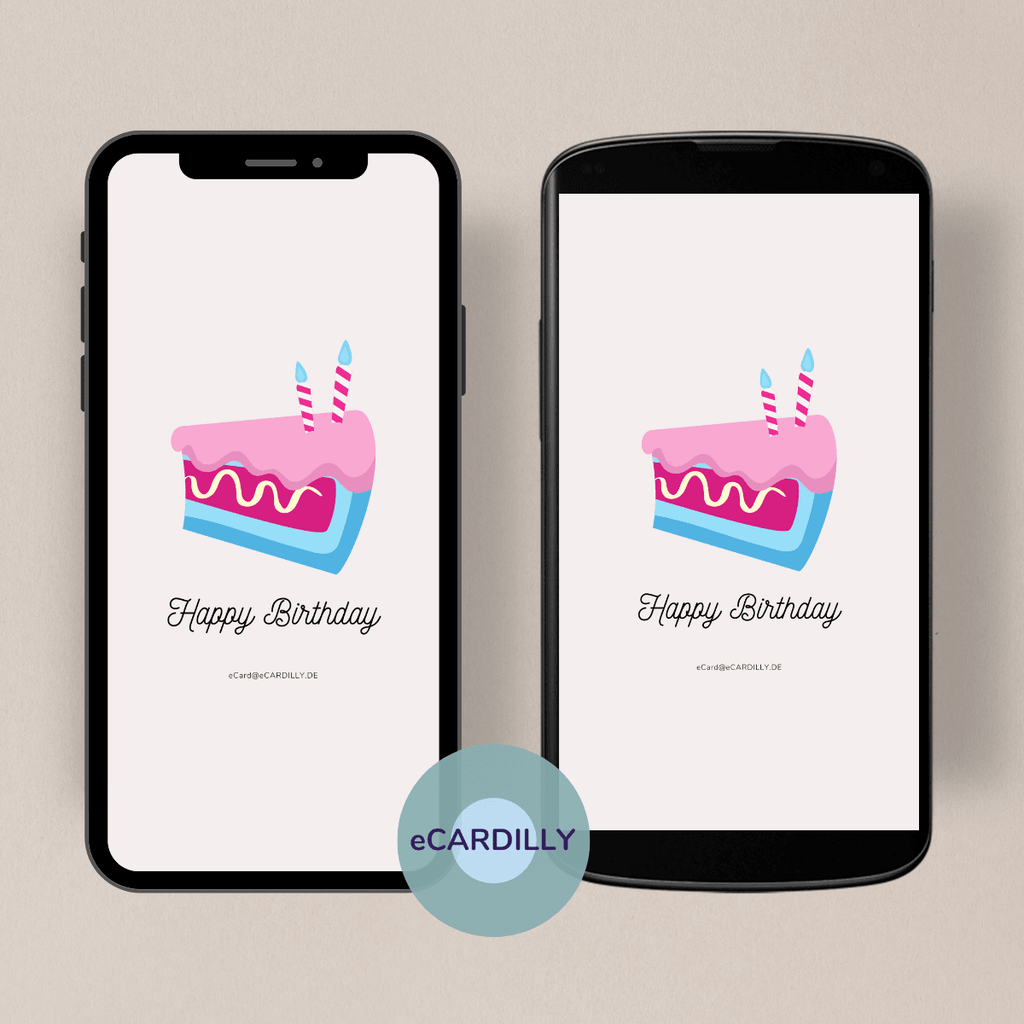 digitale Grußkarte zum Geburtstag - versende schnell und einfach einen Gruß zum Geburtstag - Torte - Kerze - Pink,Blau, rosa - WhatsApp 