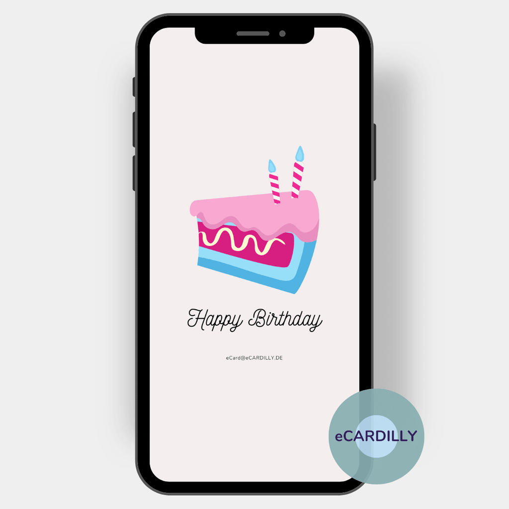 Grußkarte zum Geburtstag mit einem Stück Torte und zwei Kerzen die zum Geburtstag gratulieren. Happy Birthday Karte papierlos und mit dem Handy versenden - das geht mit einer ecard.