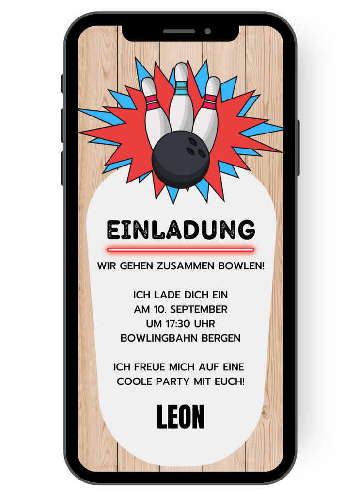 Papierlose Einladungskarte als eCard mit Holzwand im Hintergrund und einer Bowlingkugel und Kegel in blau, rot und weiss. de