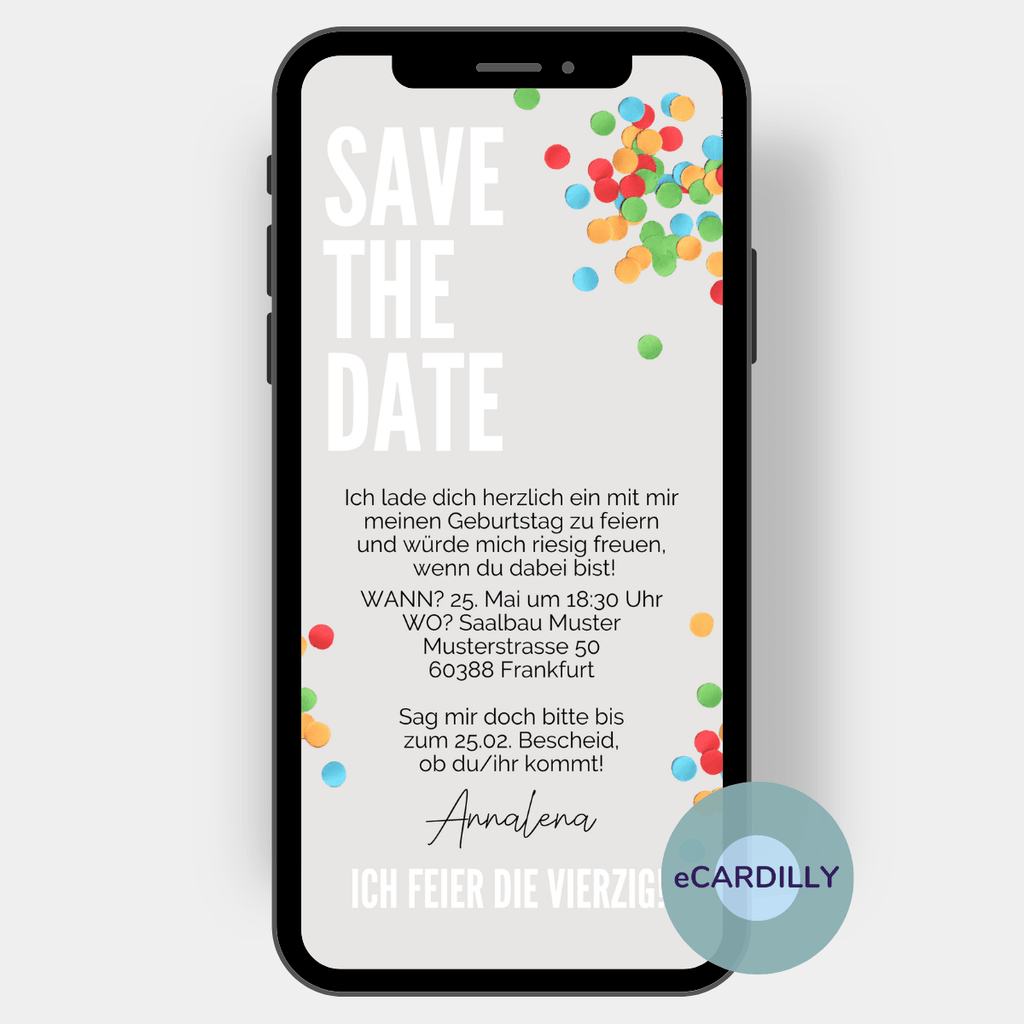 Save the date - Einladung mit hellem Hintergrund und buntem Konfetti - Idee für alle, die gemeinsam einen Geburtstag feiern wollen