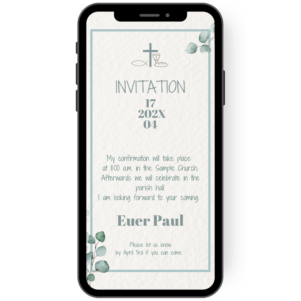 great confirmation invitation as a template for your digital invitation card in green with leaves