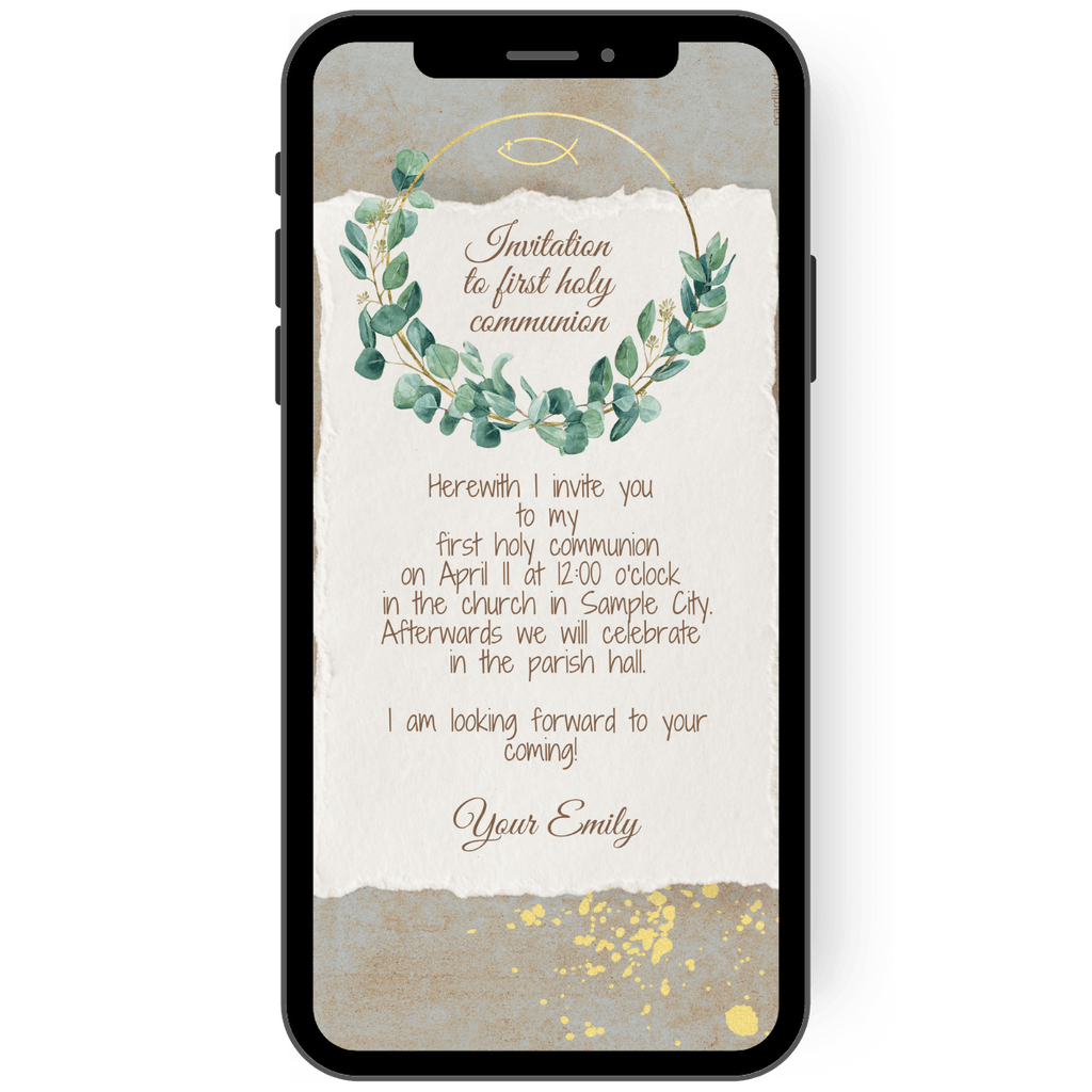 Digital invitation card for WhatsApp with gold and green elements and a kraft paper background.