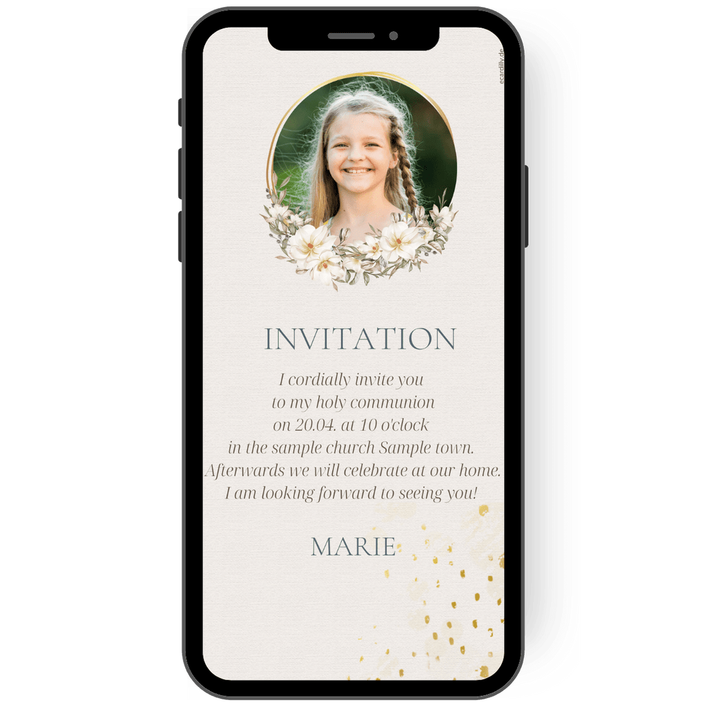 eCard for confirmation with photo in gold frame and flower tendrils, golden confetti on kraft paper invitation card