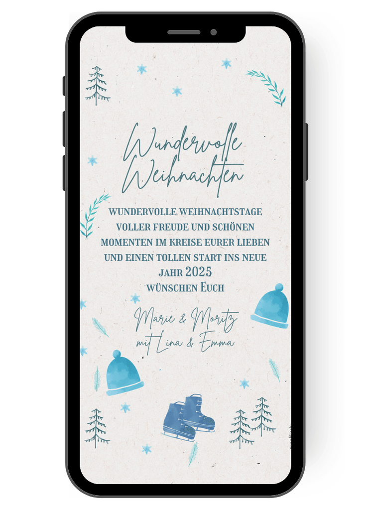 Die Weihnachtsgrüße auf dieser schlichten Karte mit hellem Schnee-Hintergund sind umrahmt von winterlichen Motiven: Dazu gehören Wollmützen, Tannebäume -und zweiglein, Schlittschuhe und kleine Glitzersterne. de