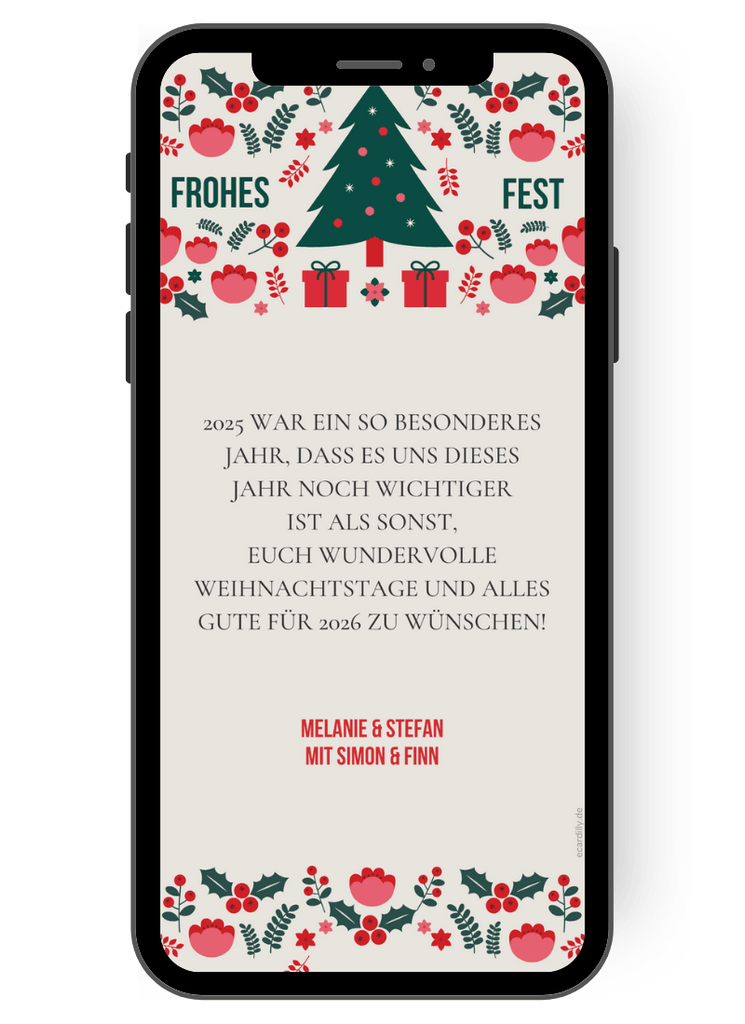 Klassische Weihnachts-Symbole wie ein Tannenbaum, Ilex-Zweige mit roten Früchten, Geschenke und Sterne sind die Motive dieser eCard, mit der Du Weihnachtsgrüße persönlich und digital verschicken kannst de