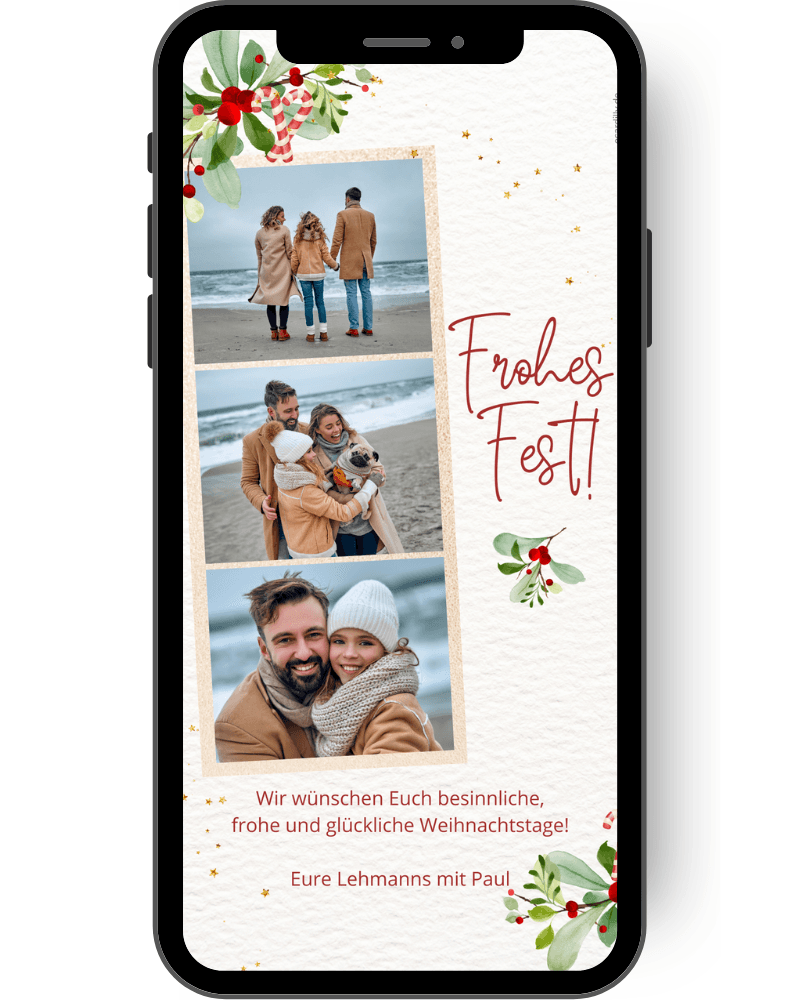 Mit dieser Weihnachtskarte mit 3 Fotos und kleinen Zweigen, Zuckerstangen und goldenen Sternen kannst du alle überraschen und persönliche Weihnachtsgrüße versenden. de