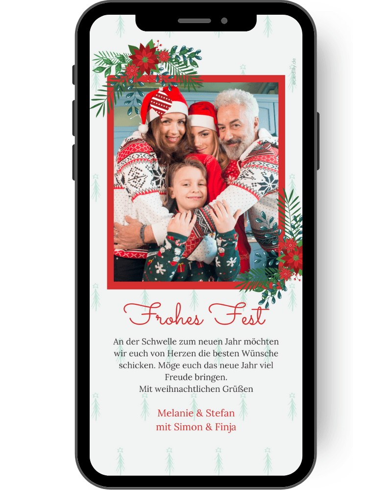 Eine Weihnachtskarte, die Du per Handy an Deine Telefonkontakte verschicken kannst: Ganz groß in der mitte der Karte platziert ist ein rot gerahmtes Foto von Dir und Deiner Familie, zwei Ecken sind mit roten Weihnachtsstern-Blüten und Tannenzweigen dekoriert. Darunter stht der Text: Wundervolle Weihnachtstage: Dieses Jahr war ein so besonderes Jahr, dass es uns dieses Jahr noch wichtiger ist als onst, euch wundervolle Weihnachtstage und alles Gute de