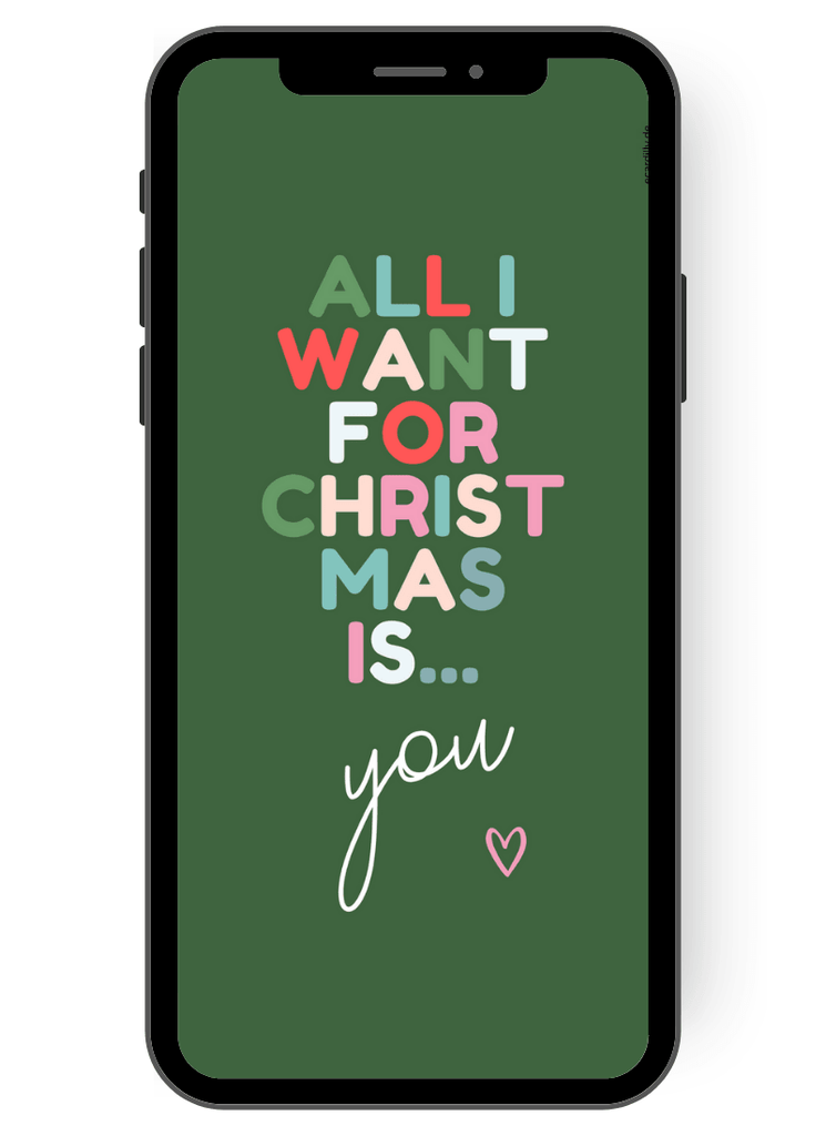 All I want for Christmas is you - steht als Text aus bunten Buchstaben auf einem tannengrünen Hintergrund. Weihnachtsgruß per eCard digital verschicken de