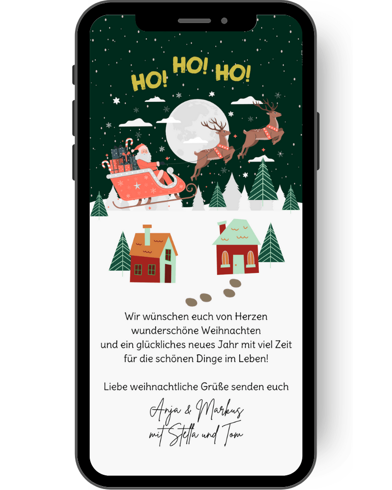 Digitale Weihnachtskarte mit einem Schneeberg und einem Weihnachtsmann der mit Schlitten und Rentier über die weihnachtlichen Grüße schwebt. Schöne digitale Karte zu Weihnachten in den klassischem rot grün Weihnachtsfarben. de