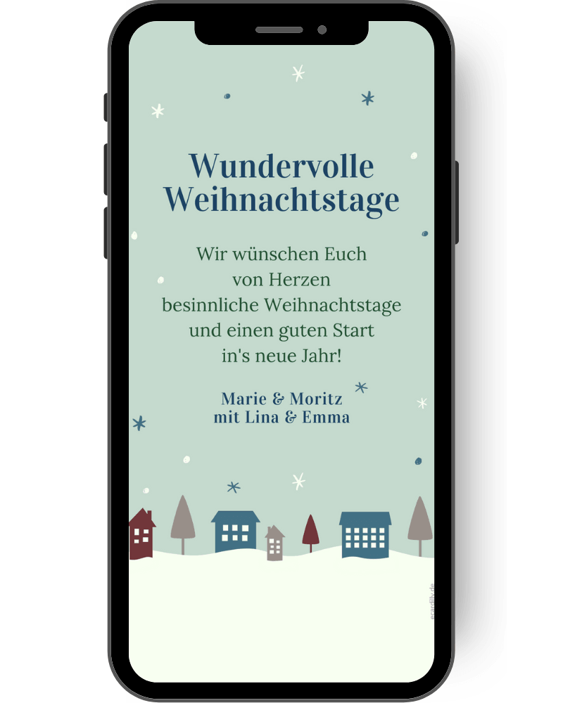 Auf dieser Weihnachtskarte ist eine kleine Winterstadt im Schnee in grau, blau und brauntönen abgebildet. Darüber ein Sternen-Schnee-Himmel, der als Hintergrund für Deine Weihnachtsgrüße dient. de