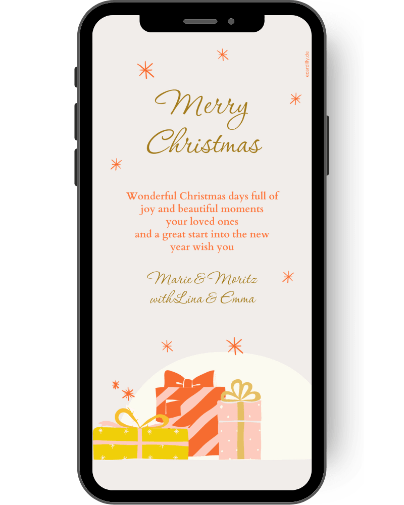 Merry Christmas you wish everyone to whom you send this Christmas greeting. Under the names of the family are small gifts, all over the card with pink background glitter small stars. en