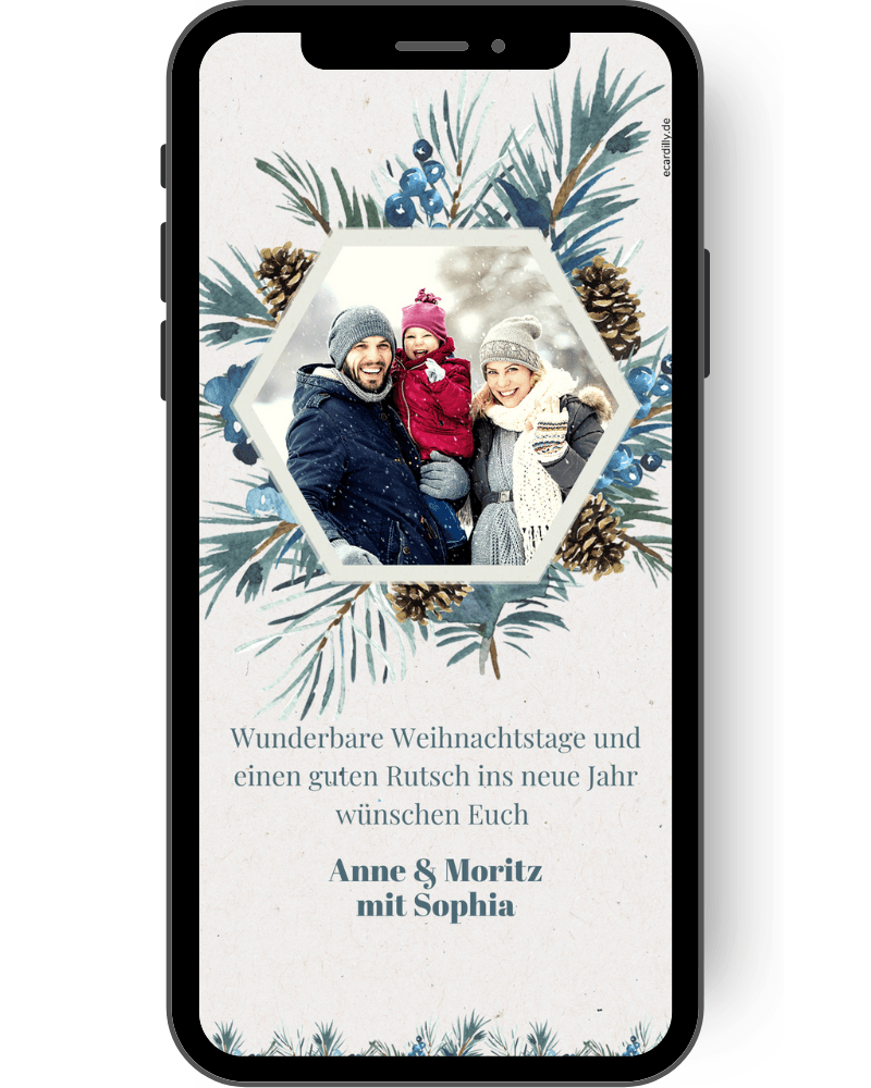 Winterliche Weihnachtskarte mit einem Kranz aus Zweigen. In der Mitte kannst du ein eigenes Foto einsetzen und mit wunderbaren Weihnachtswünschen erstellen. Kleine Tannenzapfen sind als weitere Motive zu sehen. de
