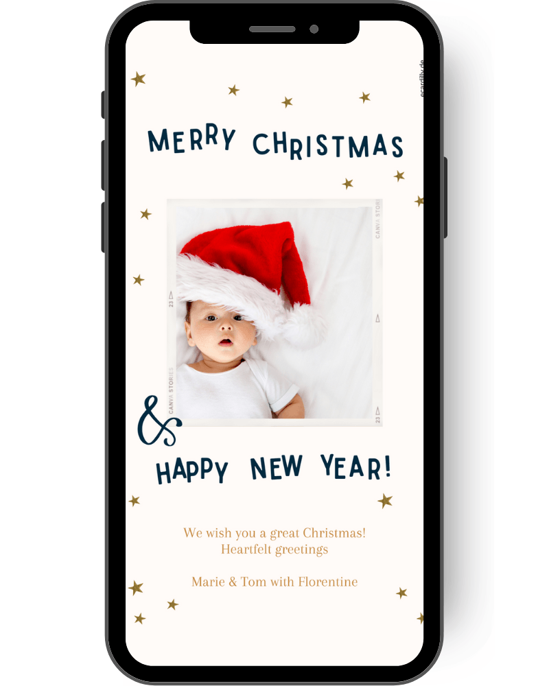 Christmas greeting card with photo and funny letters wishing you a Merry Christmas and a Happy New Year. Small golden stars on a subtle background.en