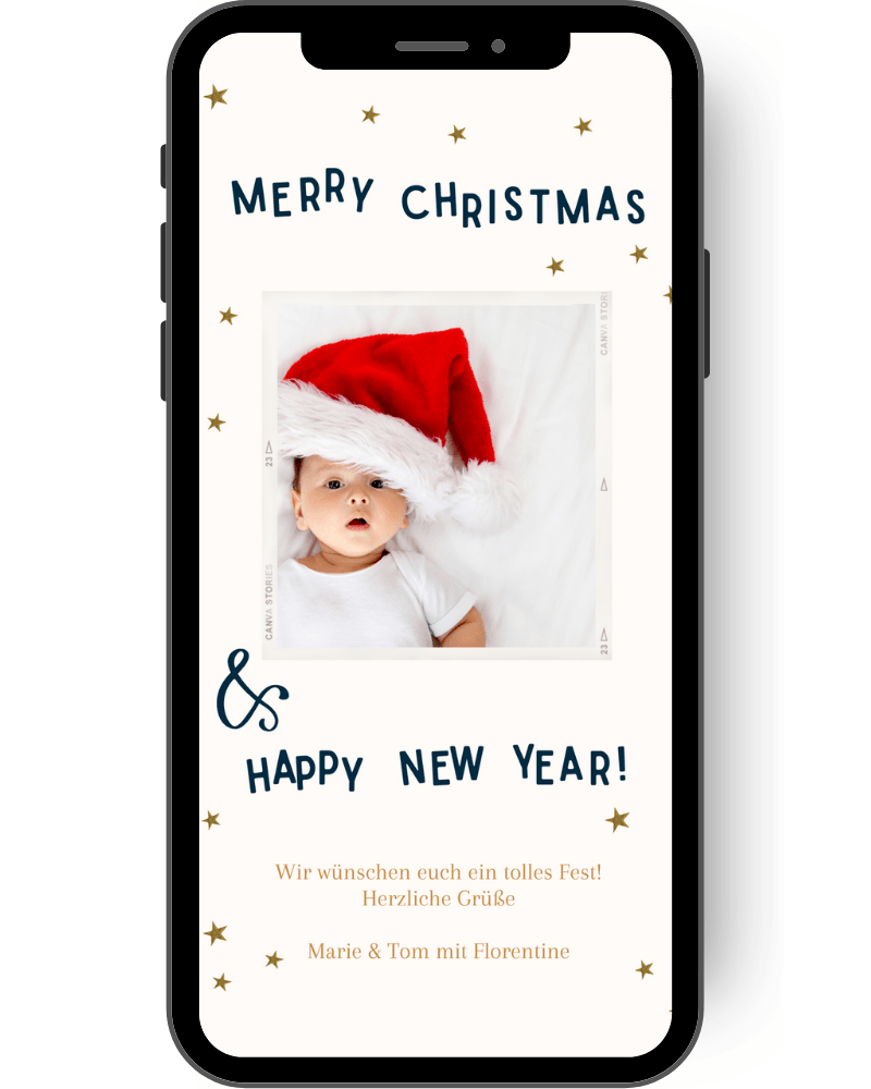 Weihnachtliche Grußkarte mit Foto und lustigen Buchstaben die fröhliche Weihnachten und ein gutes neues Jahr wünschen. Kleine goldene Sterne auf einem dezenten Hintergrund. de
