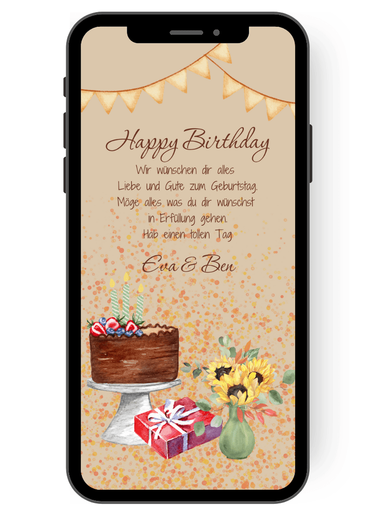 eCard - Grußkarte zum Geburtstag - Orange . Girlande - Torte - Geschenk - Sonnenblumen - Happy Birthday - Bunt de