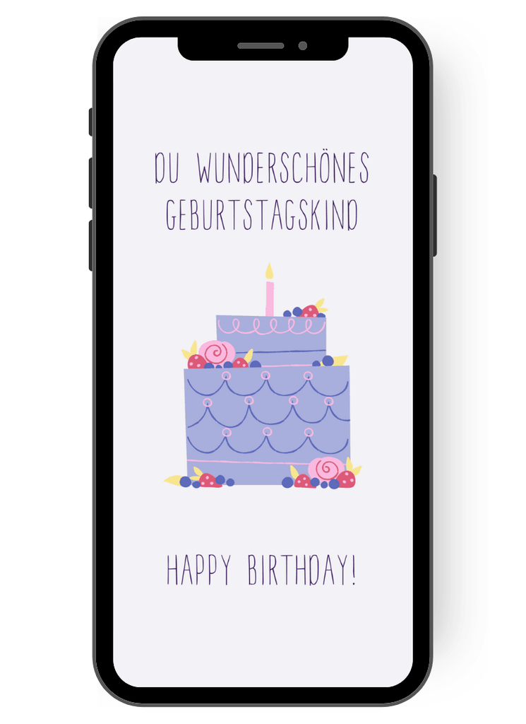 Karte in flieder mit Geburtstagstorte und Kerze. Happy Birthday du wunderschönes Geburtstagskind. de