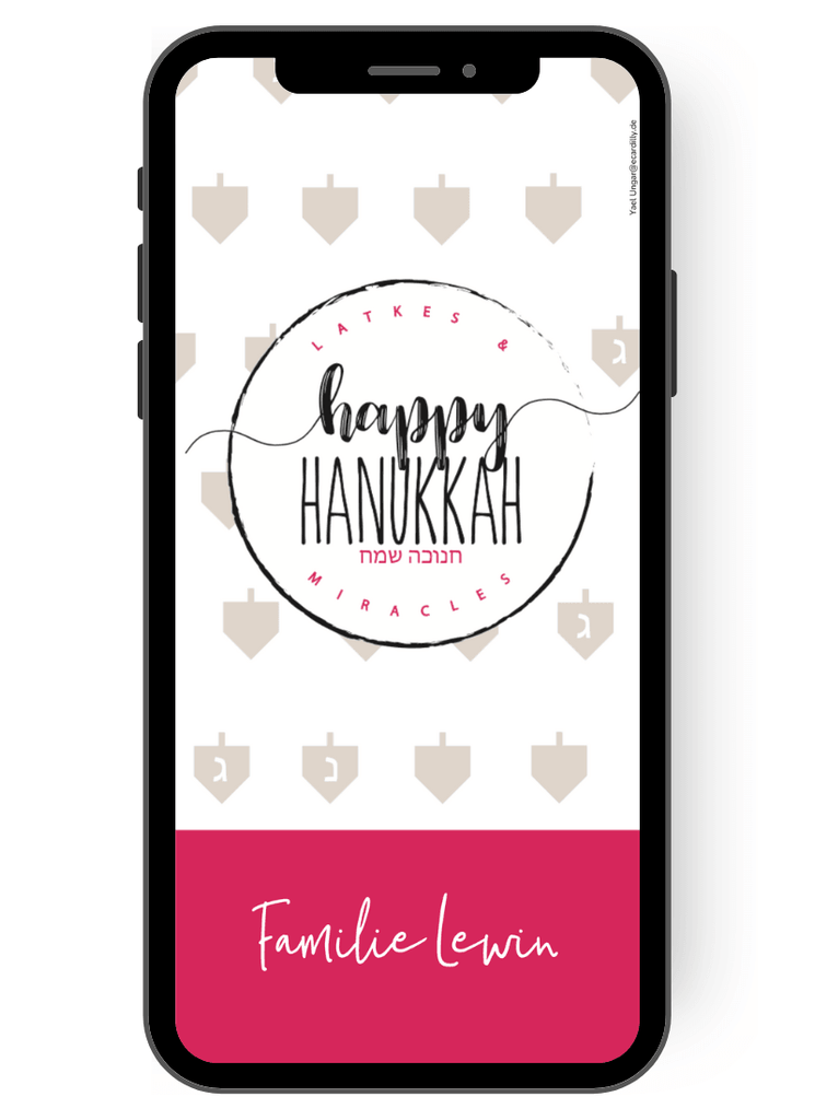 Happy Hanukkah Grußkarte mit kleinen Dreidel und einer tollen Farbmischung in beige, rot. WhatsApp Karte zum Fest der Lichter. de