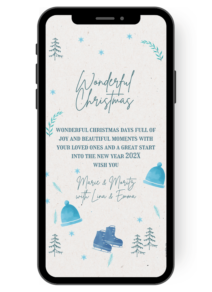 The Christmas greetings on this simple card with light snow background are framed by wintry motifs: These include woolen hats, fir trees -and twigs, ice skates and small glitter stars. en