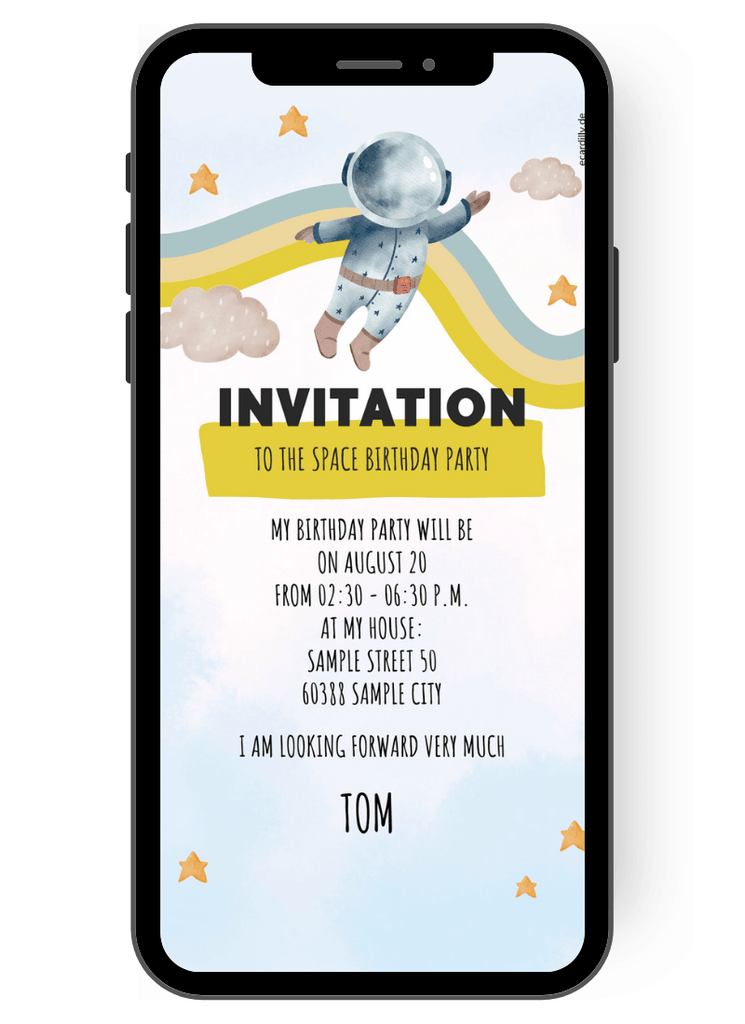 Children's birthday party invitation for a space theme party with little astronaut and rainbow and cloud. A children's font invites you to a great children's birthday en