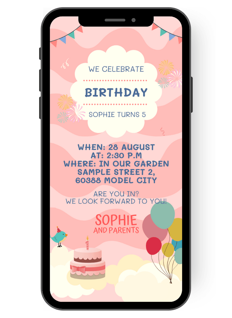 Lots of pastel colors - and even more pink are the colors on this invitation card for a child's birthday. A cake, a birthday garland and a bunch of colorful balloons frame the personalized invitation text on this digital eCard. A single invitation card is enough for all guests, sent via cell phone en