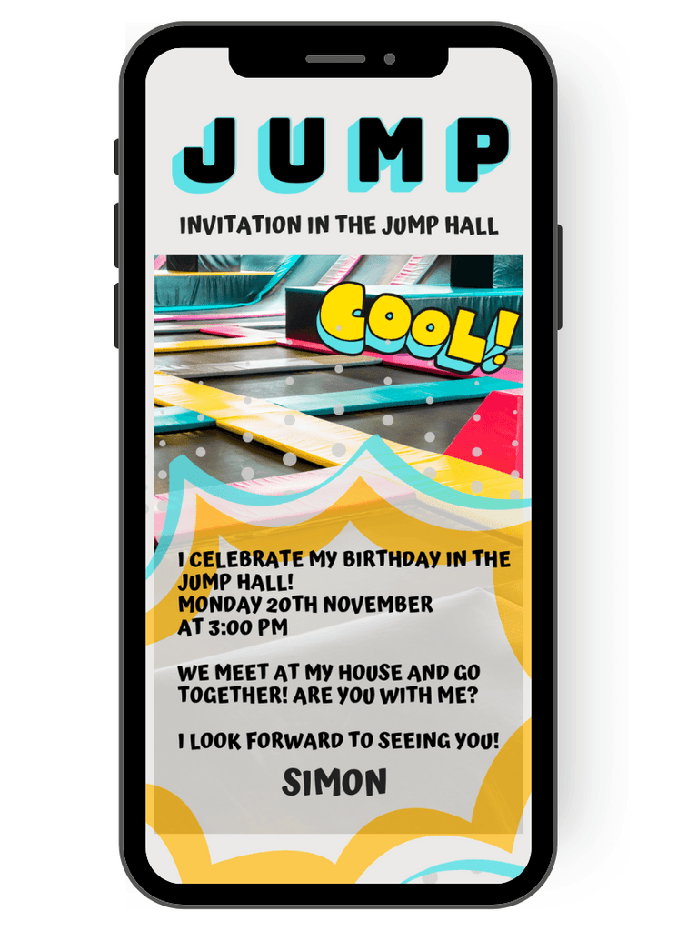 Celebrate your birthday in the Jumphalle: The invitation card shows trampoline fields and the word Cool . Send a colorful eCard for birthday parties en