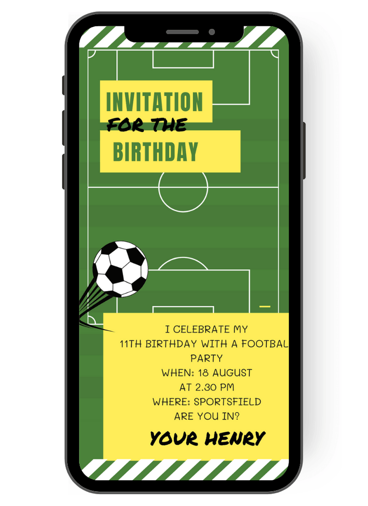 Invitation to the motto - Birthday for soccer fans: A green soccer field with lines and a black and white soccer quickly shows all guests what this is all about. Invite guests via eCard, mobile, postage-free and with little effort en